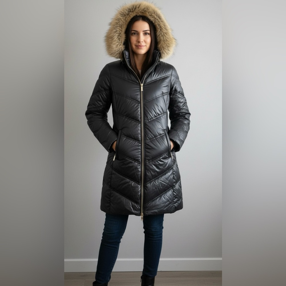 Michael Kors Down Puffer Jacket Coat with Faux Fur Trim Hood XS Navy Blue